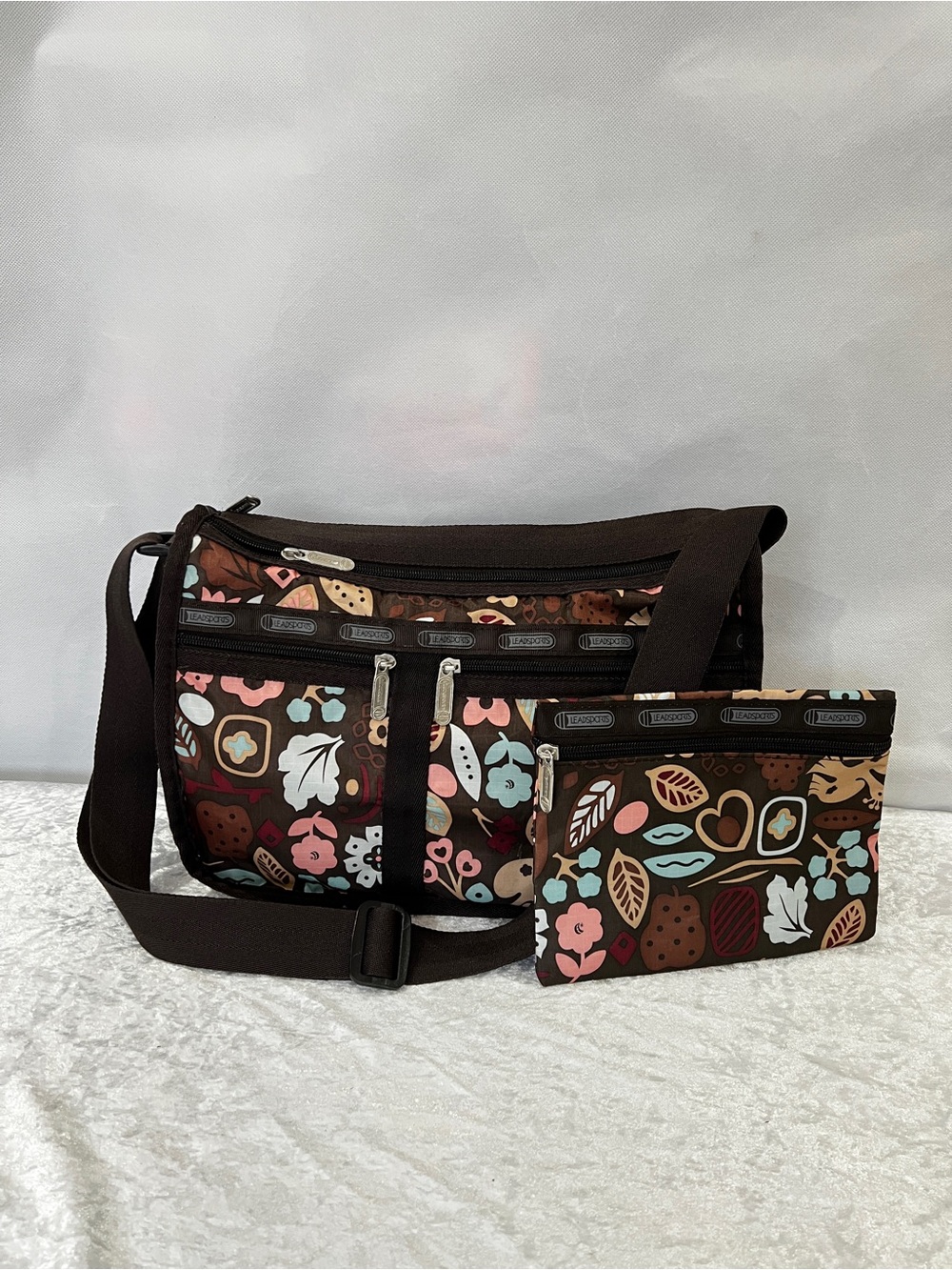 LeSportsac Deluxe Everyday Shoulder Crossbody Bag Brown Floral Birds Nature